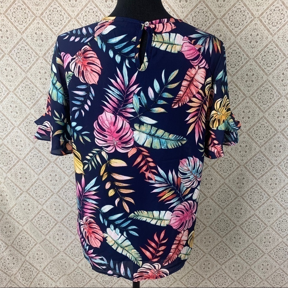 Tropical Navy Blue Leaf Print Blouse – Vacation Vibes, NWOT, Size M - Picture 5 of 11